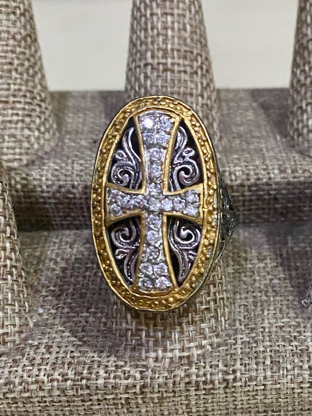 Two Tone Filigree Cross Ring Sz 7 CZ Pave Rhinestone Statement Ring